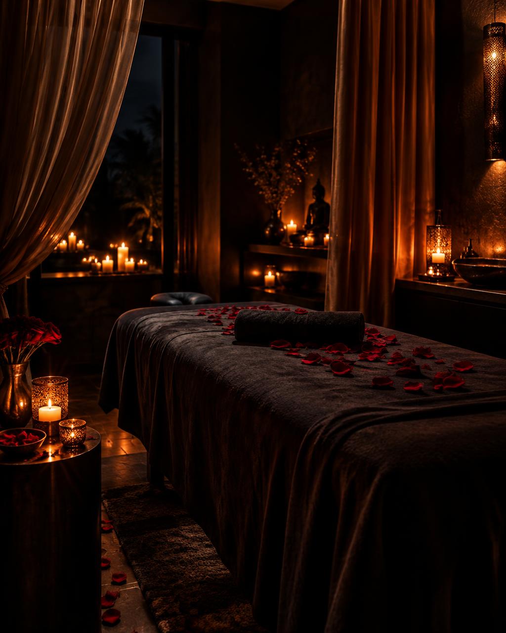 Candlelit massage suite with dark linens and rose petals